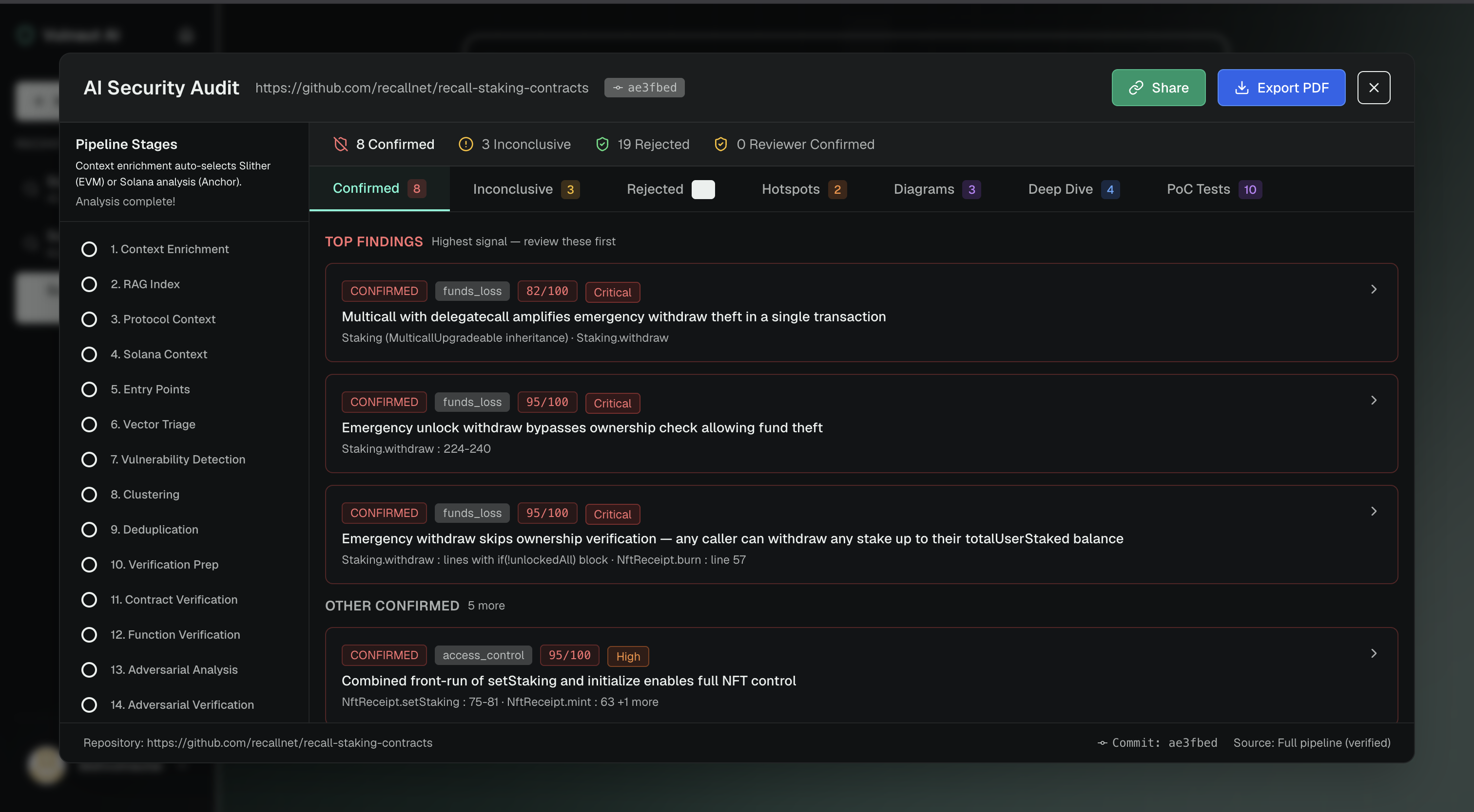 VulnautAI security audit interface showing pipeline stages, confirmed findings, and export controls